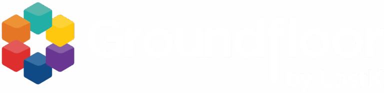 Logo featuring six coloured cubes forming a hexagon on the left, with the word "Groundfloor" and smaller text "by LastK" on a light background.