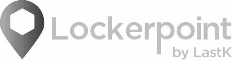 Logo with a hexagonal map pin icon and the text "Lockerpoint by LastK" in a grey font on a transparent background.