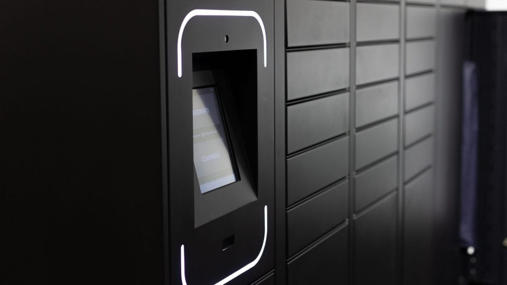 Black parcel locker, convenience through delivery lockers. Aesthetics and amenity.