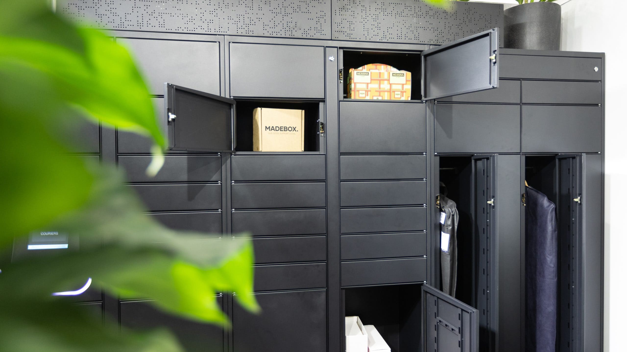 parcel lockers, dry cleaning lockers and food delivery lockers inside