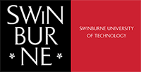 Logo of Swinburne University of Technology featuring white text and stars on a red and black background, alongside symbols for parcel lockers for student accommodation.