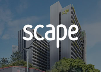 Scape" logo overlaying an image of a modern, multi-story building with a sleek, geometric design under a clear blue sky, emphasizing security against parcel theft.